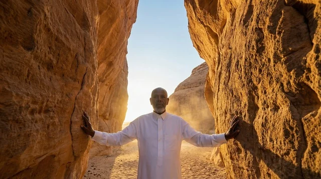 A Saudi man walking at the archaeological site of Al-Hijr in the city of Al-Ula.
