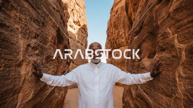 Saudi Elderly Man in White Thobe at Desert Canyon