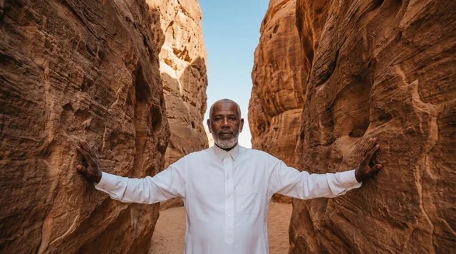 Saudi Elderly Man in White Thobe at Desert Canyon