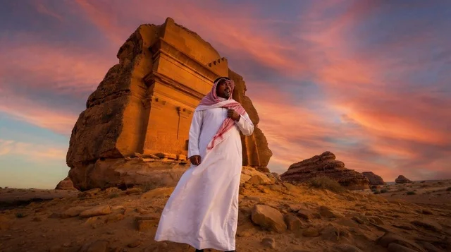 Saudi Man at Hegra Al-Ula Archaeological Site Sunset