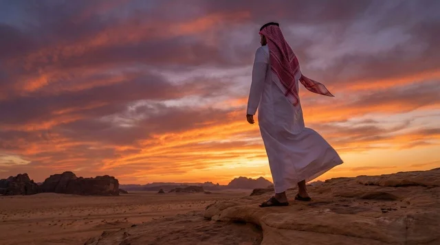 رجل سعودي بالزي التقليدي في الصحراء وقت الغروب