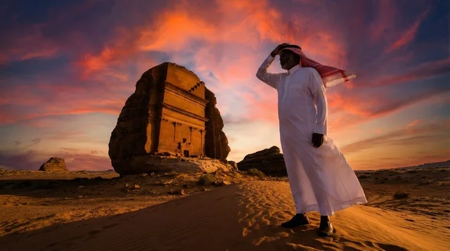 رجل سعودي في الحجر بالعلا وقت الغروب