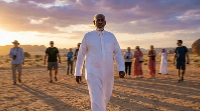 A Saudi man walking at the archaeological site of Al-Hijr in the city of Al-Ula.