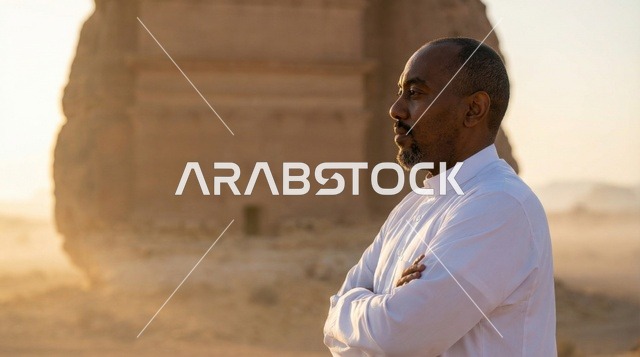 رجل سعودي بالثوب التقليدي في مدائن صالح بالعلا وقت الغروب