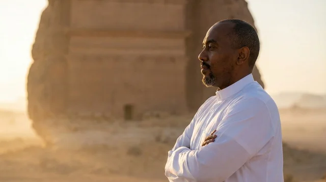 Saudi Man in Traditional Thobe at Hegra AlUla Sunset