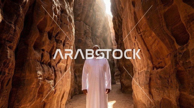 رجل سعودي بالثوب التقليدي في أخدود صخري صحراوي