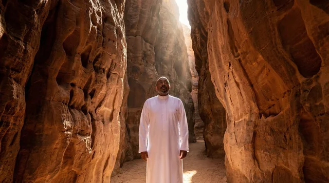 Saudi Man in White Thobe in Narrow Desert Rock Canyon