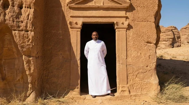 رجل سعودي بالثوب الأبيض في الحجر بمدينة العلا