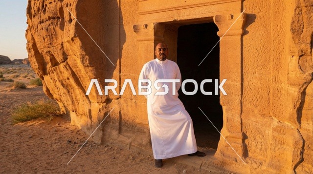 رجل سعودي أمام مقبرة العلا الأثرية وقت الغروب
