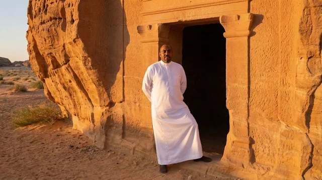 رجل سعودي أمام مقبرة العلا الأثرية وقت الغروب