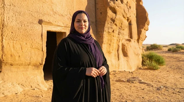 A Saudi woman in an abaya in front of Al-Farid Palace in Al-Ula.