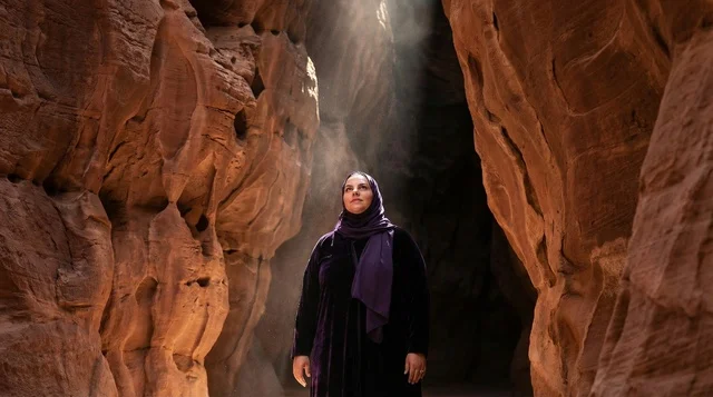 امرأة عربية في أخدود صحراوي تحت شعاع الضوء