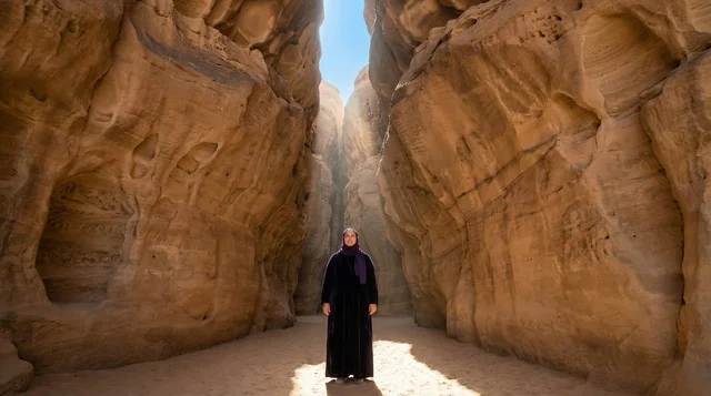 امرأة سعودية بالعباءة تقف وسط أخدود صخري صحراوي