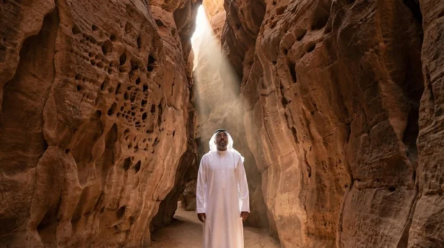 Saudi Man in Traditional Thobe Inside Rock Canyon