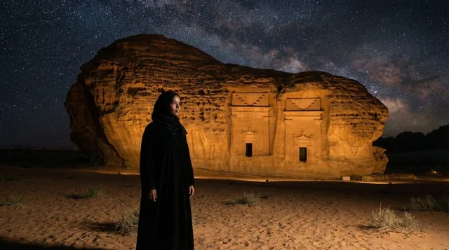 Saudi Woman at Hegra AlUla Under Starry Night Sky Saudi Woman at Hegra AlUla Under Starry Night Sky