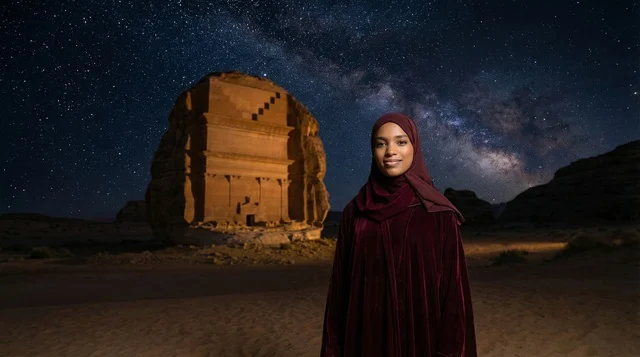 امرأة سعودية بالعباءة أمام قصر الفريد في العلا
