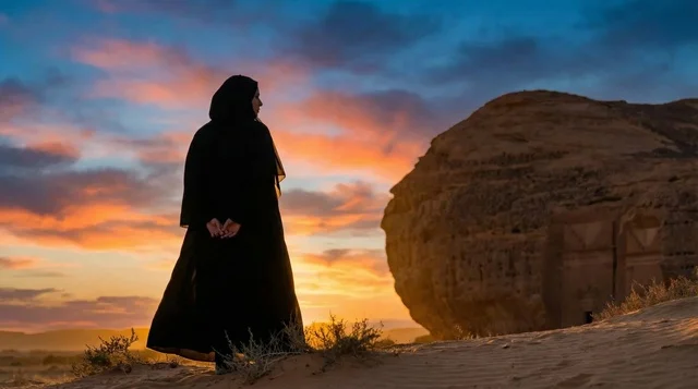 امرأة سعودية في العلا مدائن صالح وقت الغروب