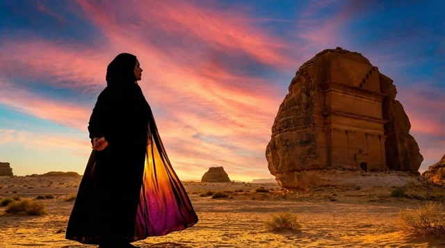 A Saudi woman in an abaya in front of Al-Farid Palace in Al-Ula.