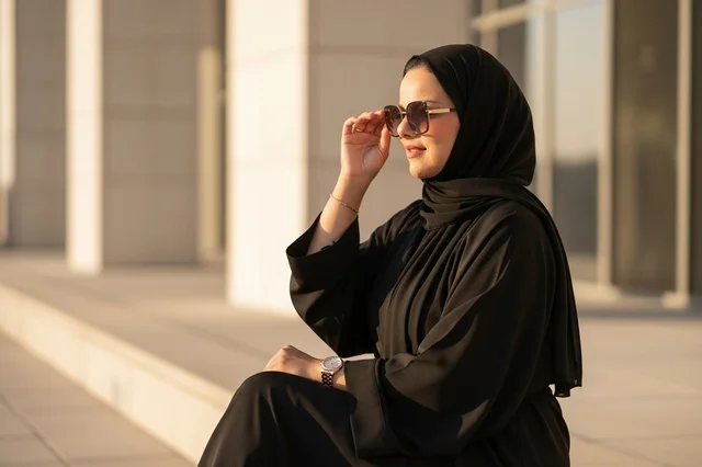 امرأة إماراتية بالعباءة السوداء ترتدي نظارات شمسية