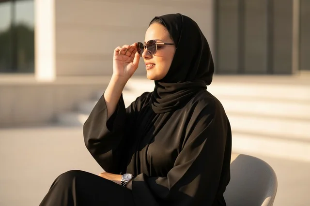 امرأة سعودية بالعباءة السوداء ترتدي نظارة شمسية