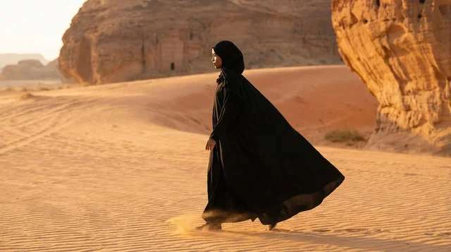 Saudi Woman in Abaya Walking in AlUla Desert Sunset