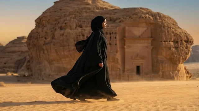 Saudi Woman in Abaya at Hegra AlUla Saudi Arabia