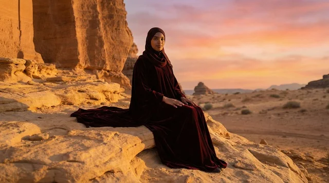 Saudi Woman in AlUla Desert at Sunset