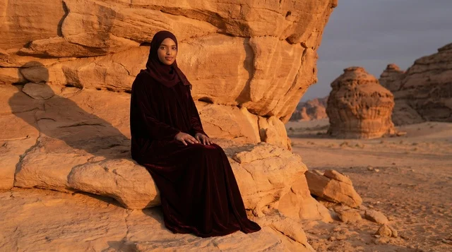 Saudi Woman in Desert Rock Formation at Sunset