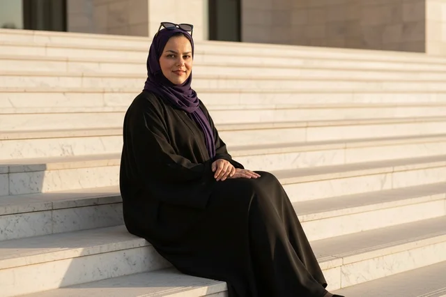 Emirati Woman in Abaya Sitting on Marble Stairs