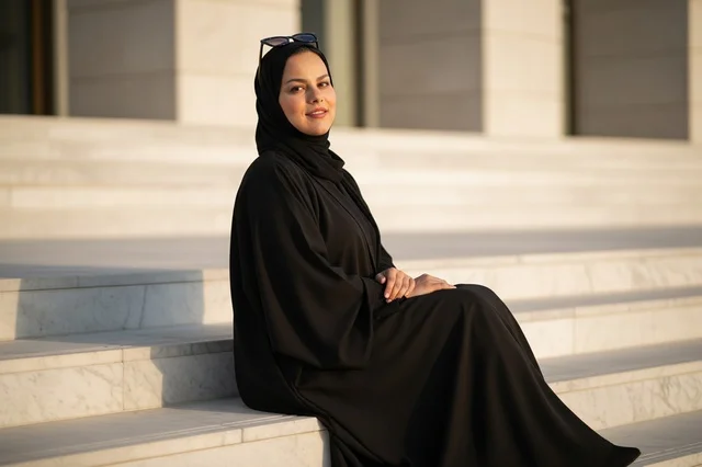 امرأة إماراتية بالعباءة السوداء تجلس على الدرج