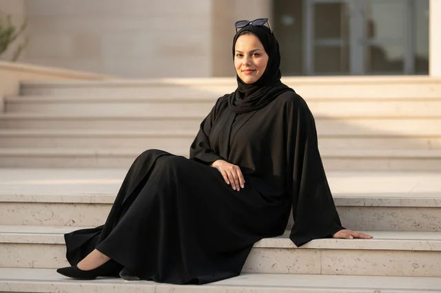 Saudi Woman in Black Abaya Sitting on Marble Stairs