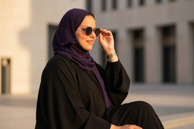 امرأة سعودية بعباءة سوداء ونظارات شمسية وقت الغروب