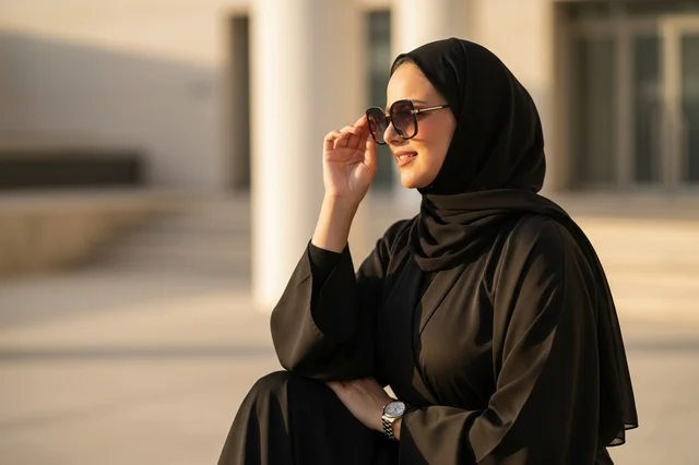 امرأة إماراتية بالعباءة السوداء ترتدي نظارات شمسية
