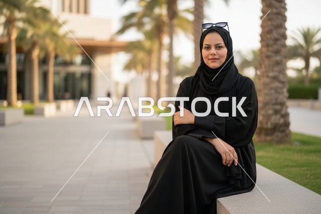Emirati Woman in Black Abaya Sitting in Outdoor Park