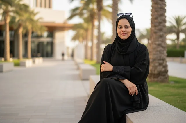 Emirati Woman in Black Abaya Sitting in Outdoor Park