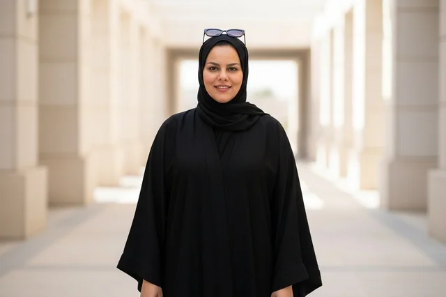 Emirati Woman in Traditional Black Abaya Standing Outdoors