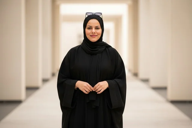 Emirati Woman in Black Abaya in Modern Corridor