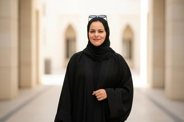 Khaleeji Woman in Black Abaya at Modern Corridor