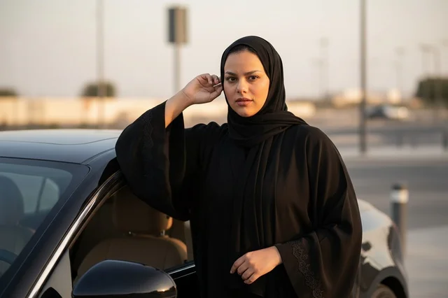 امرأة سعودية بالعباءة السوداء بجانب سيارة وقت الغروب