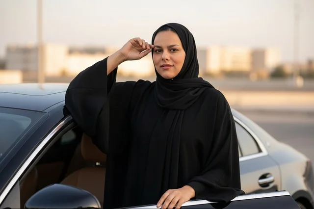 امرأة سعودية بالعباءة السوداء مع سيارة فاخرة