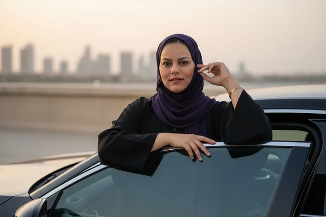 امرأة إماراتية بالعباءة تقف بجانب سيارة وقت الغروب