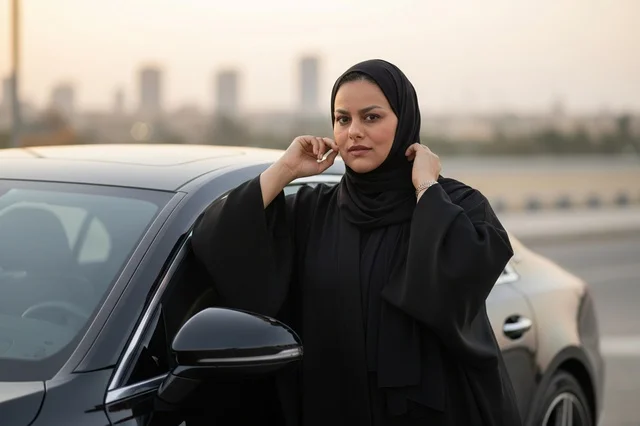 امرأة سعودية بالعباءة السوداء بجانب سيارة فاخرة عند الغروب