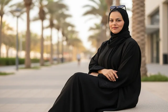 Arab Woman in Black Abaya Sitting in Outdoor Park