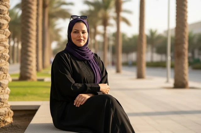 امرأة سعودية بالعباءة السوداء تجلس في حديقة نخيل