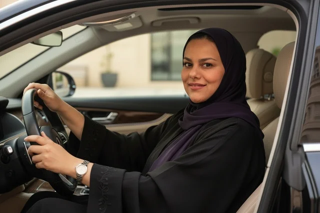 Emirati Woman in Abaya Driving Modern Vehicle