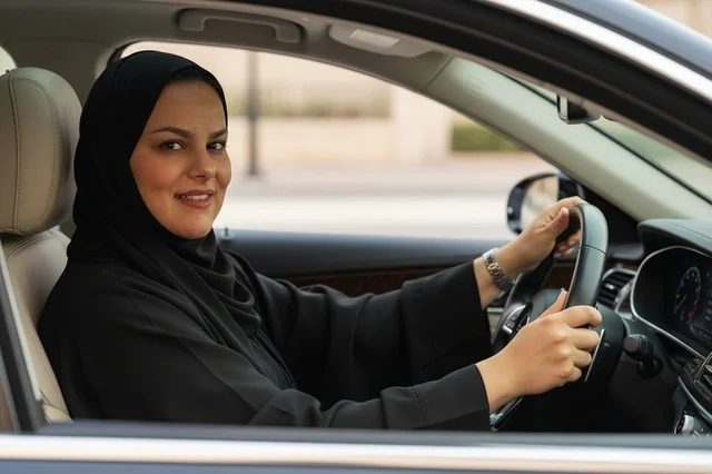 Saudi Woman Driving Car in Traditional Abaya