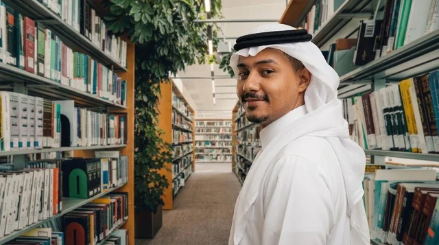 A Saudi Man in Traditional Dress in Modern Library