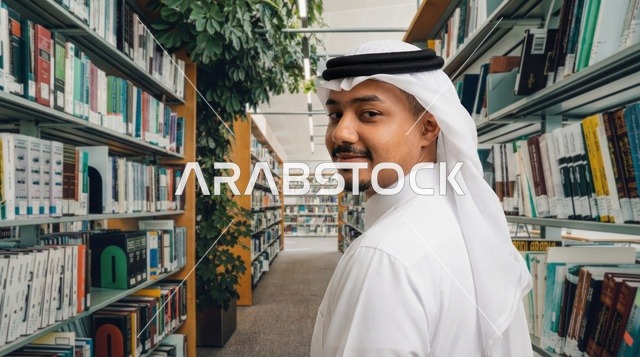 رجل سعودي بالزي التقليدي في مكتبة عامة