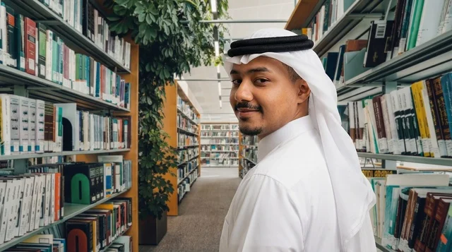 Saudi Man in Traditional Thobe at Library Bookshelf