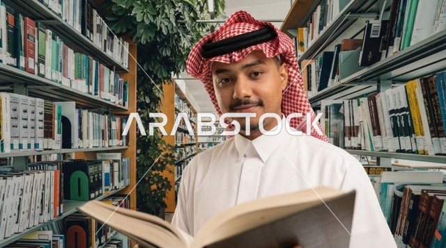 رجل سعودي في مكتبة يحمل كتاباً مفتوحاً